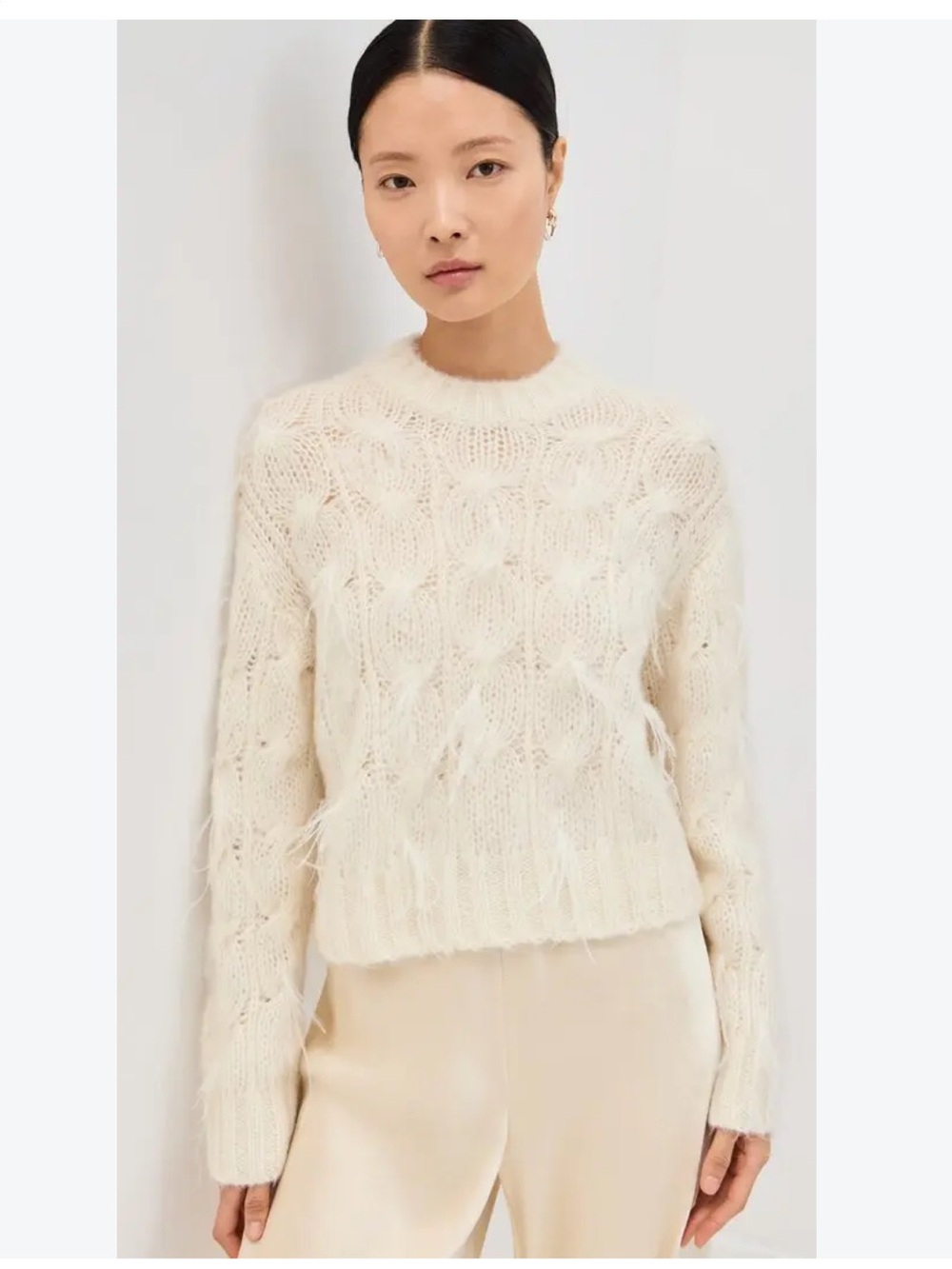 Vince Off-White Feather-Trim Cable Knit Crewneck Sweater